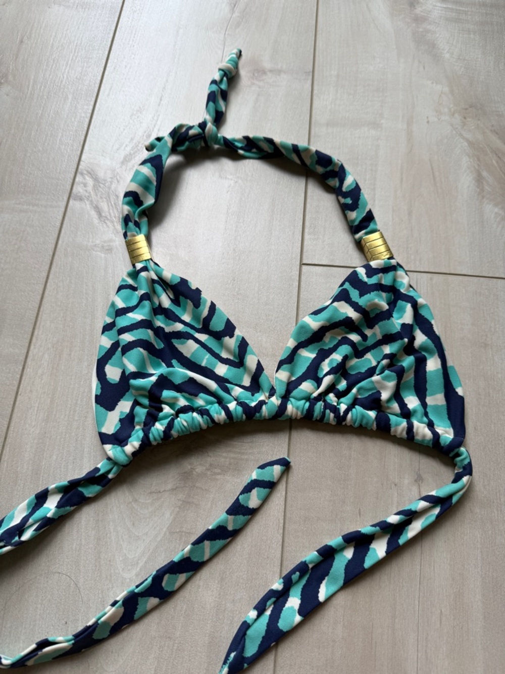 Striped Teal & Navy Adjustable Triangle Bikini Top